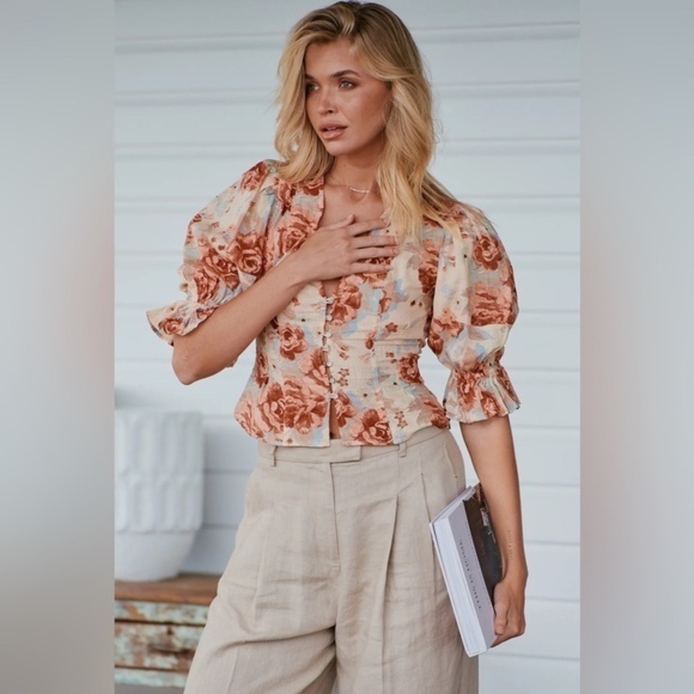 Free People Floral Puff Sleeve Blouse - Cream and Brown